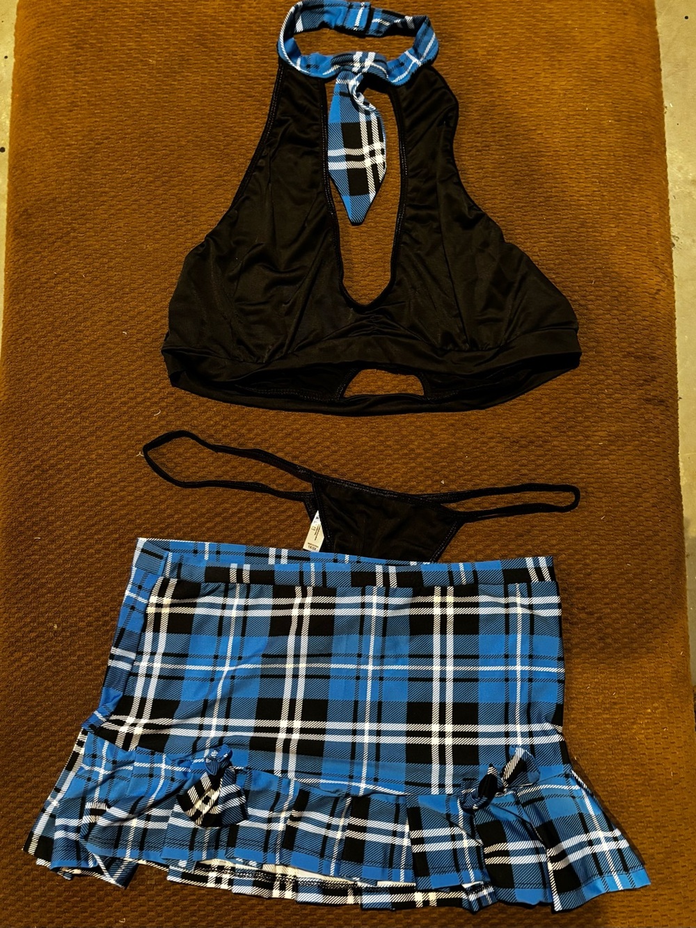 Black Halter Crop Top & Blue Plaid Mini Skirt Lingerie Set new with tags